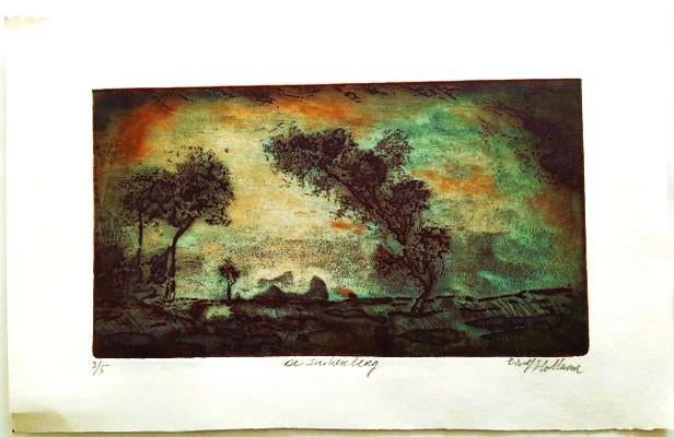 Wolfgang Hollaar - "De Suikerberg" - Originele Kleurets (3/5, Ophalen, Landschap, Ets