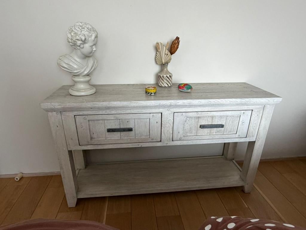 Mooi whitewash sidetable, Huis en Inrichting, Tafels | Sidetables, Ophalen, 100 tot 150 cm, Zo goed als nieuw, 25 tot 50 cm