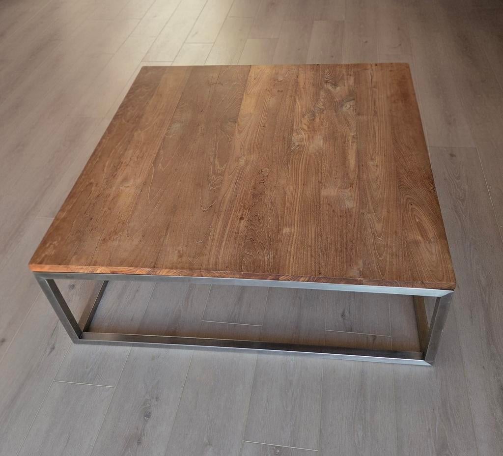 Moderne salontafel, eiken blad, rvs onderstel industrieel, Ophalen, Gebruikt, 50 tot 100 cm, Vierkant
