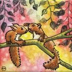 Schilderijtje van Twee schattige eekhoorntjes op een tak, Ophalen of Verzenden