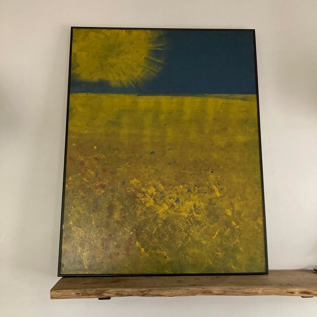 Abstract schilderij landschap en zon 71x91 cm 1987, Ophalen