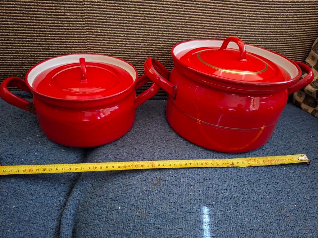 Set van 2 rode emaille pannen met deksel, Ophalen of Verzenden