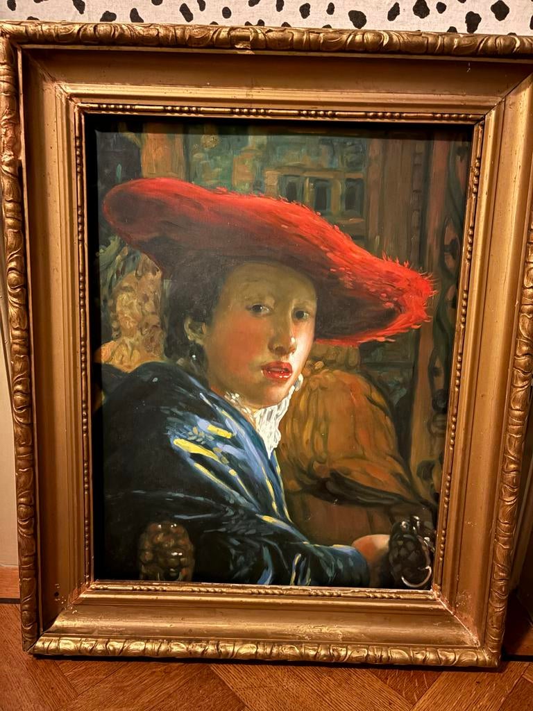 Olieverfschilderij: Meisje met rode hoed (naar Vermeer), Ophalen of Verzenden
