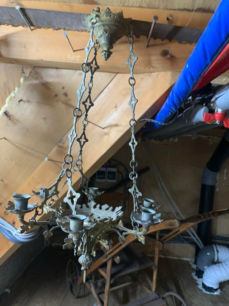 Antieke bronzen hangkandelaar, Ophalen, Koper of Brons