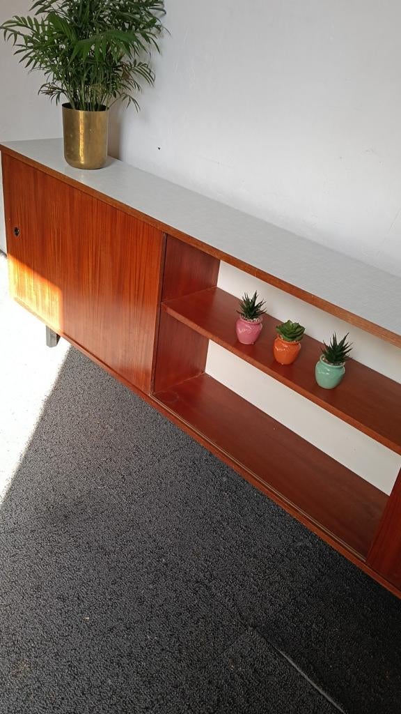 Vintage Jaren '60 Lowboard / Dressoir met Schuifdeuren, Ophalen, Gebruikt, Teakhout, 200 cm of meer