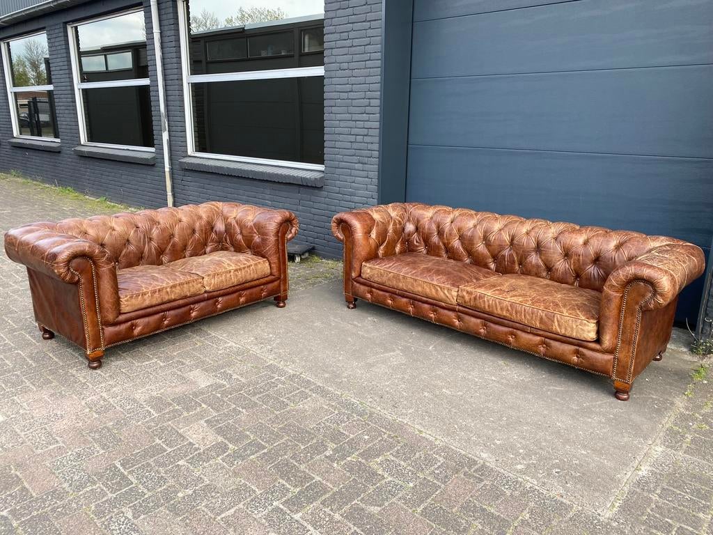 Chesterfield 3.5 +2.5 zit banken sigaren cognac, Huis en Inrichting, Banken | Voetenbanken en Poefen, 125 cm of meer, Leer, Ophalen of Verzenden