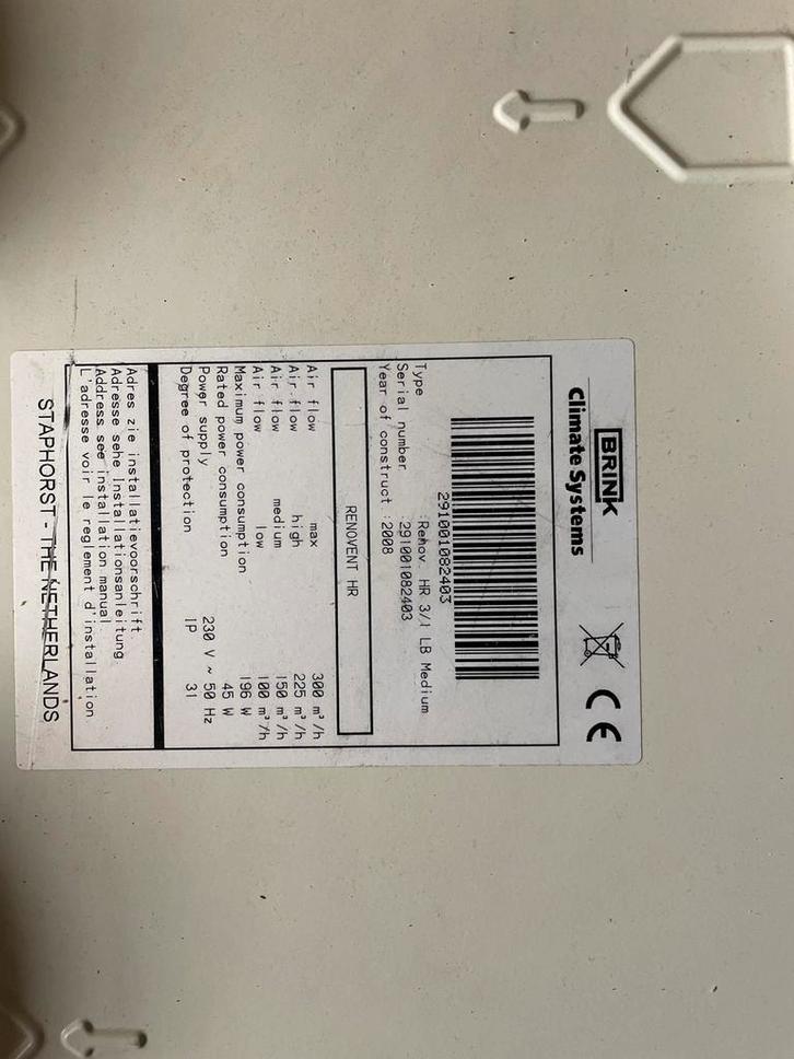 Brink Renovent HR 3/1 LB Medium WTW-unit, Doe-het-zelf en Verbouw, Ventilatie en Afzuiging, Gebruikt, Ventilator en Afzuiger, Ophalen