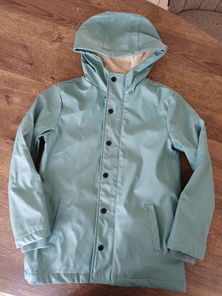 Hema gevoerde regenjas blauwgroen maat 134/140, Jongen of Meisje, Ophalen of Verzenden, Zo goed als nieuw, Hema