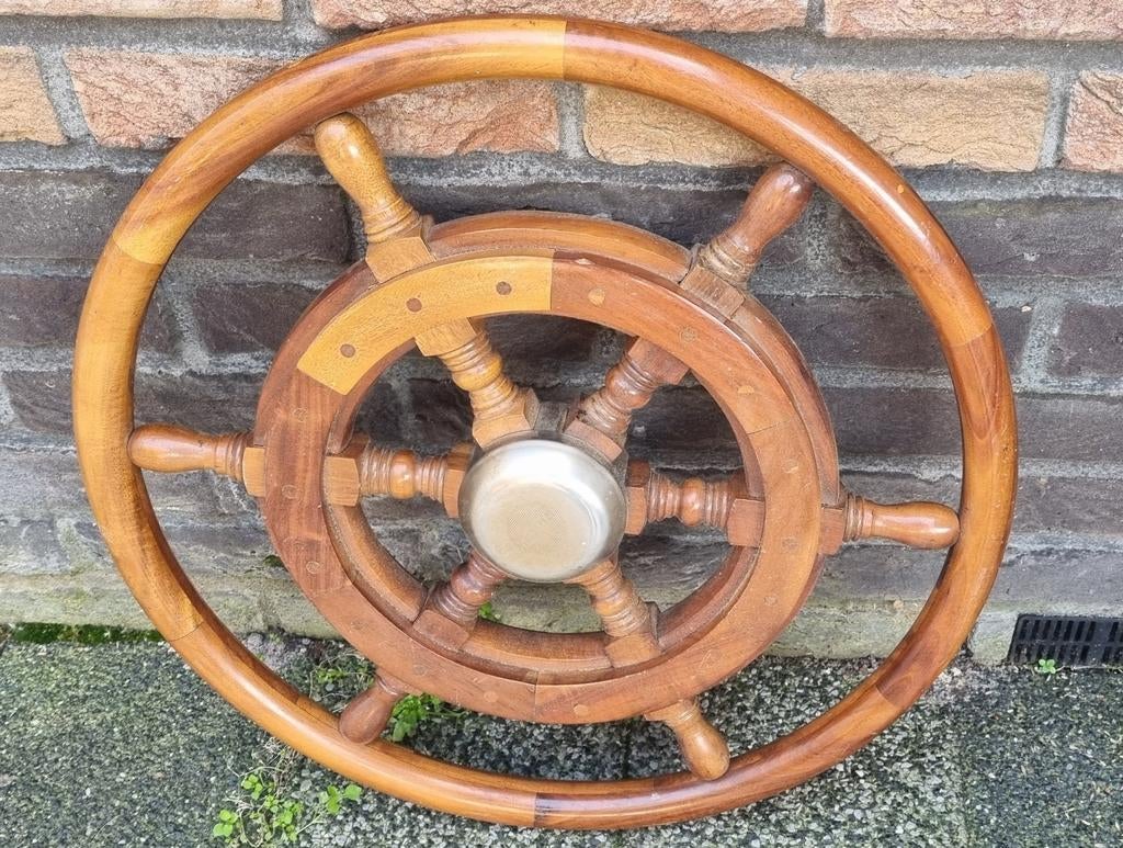 Decoratief houten stuurrad met messing naaf, Ophalen of Verzenden
