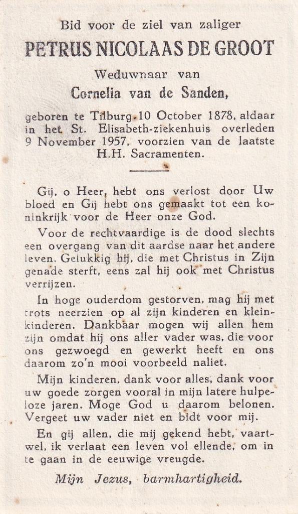 Groot Petrus 1878 Tilburg 1957, Ophalen of Verzenden, Bidprentje