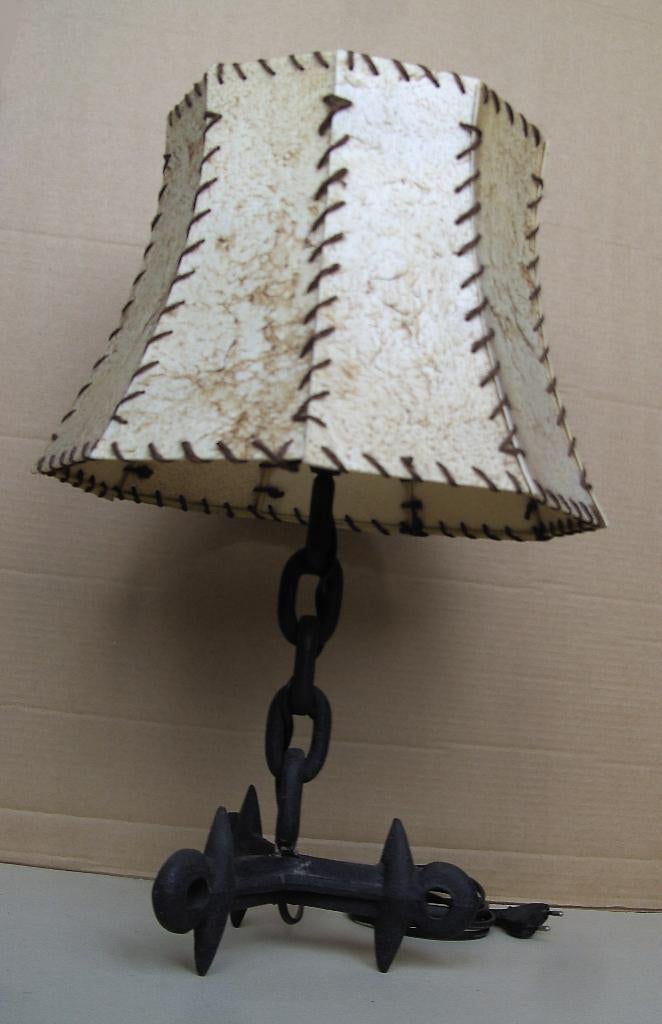 retro lamp  -  voet eg / weidesleep  -  kap varkensleer, Gebruikt, 50 tot 75 cm, Klassiek, Overige materialen