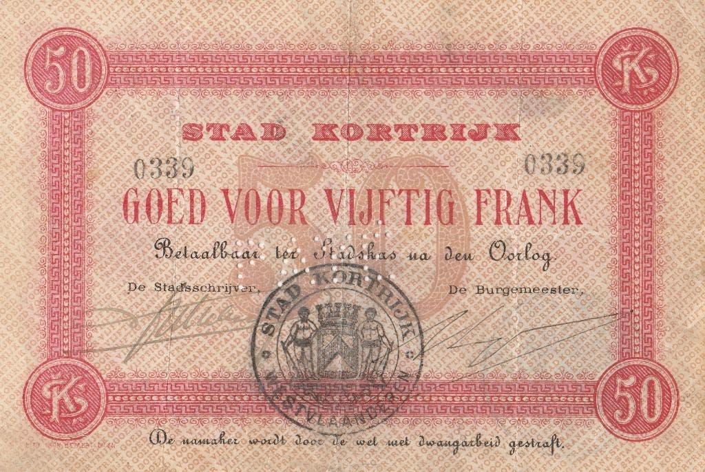 OORLOG BON STAD KORTRIJK 50 FRANK  1915, Ophalen of Verzenden, België, Los biljet