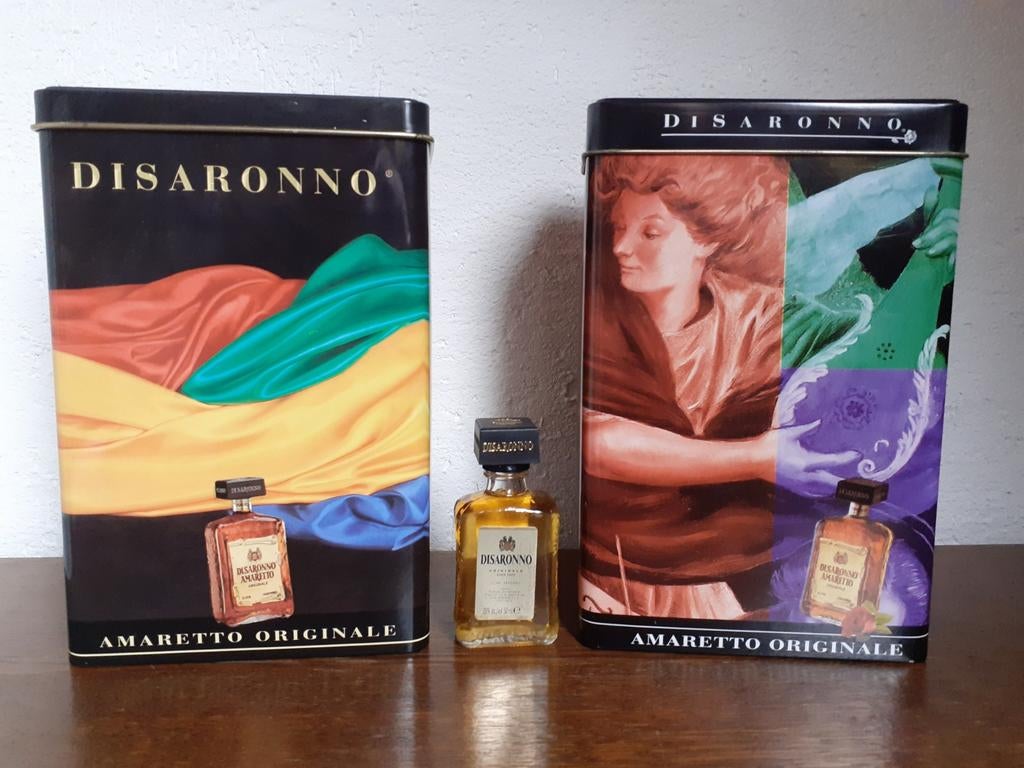 Amaretto Di Saronno / Disaronno - 2 Blikken - Leeg !, Verzamelen, Blikken, Ophalen of Verzenden, Gebruikt, Overige, Overige merken