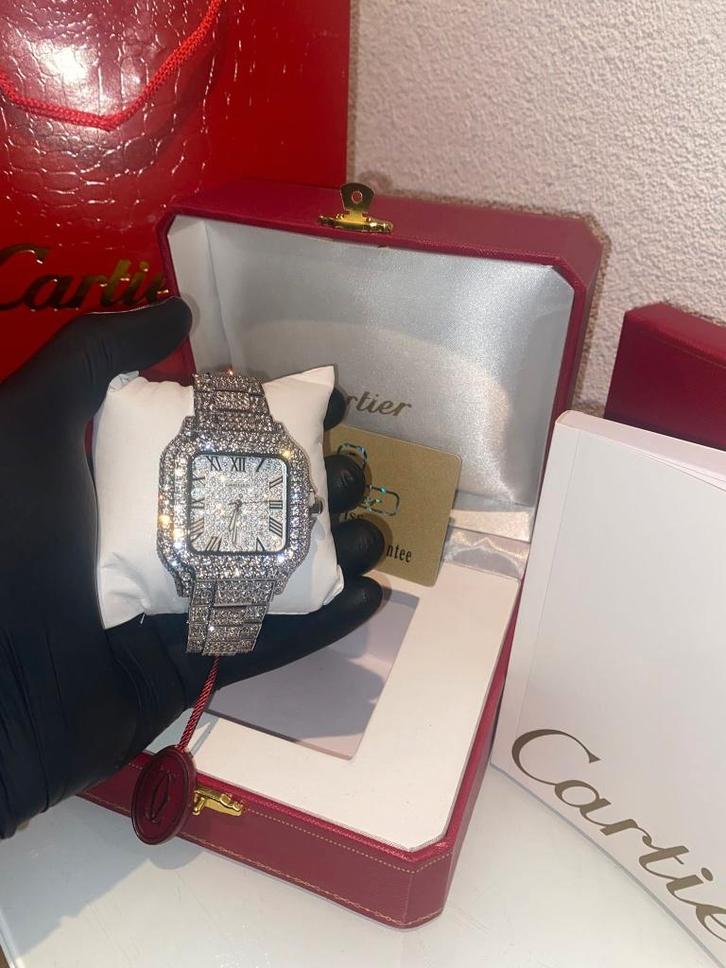 Iced Out Cartier Santos 41-mm, Sieraden, Tassen en Uiterlijk, Horloges | Heren, Nieuw, Polshorloge, Overige merken, Staal, Staal