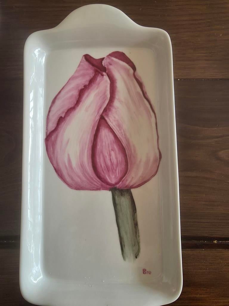 Handgeschilderde cakeschaal met roze tulp, Ophalen