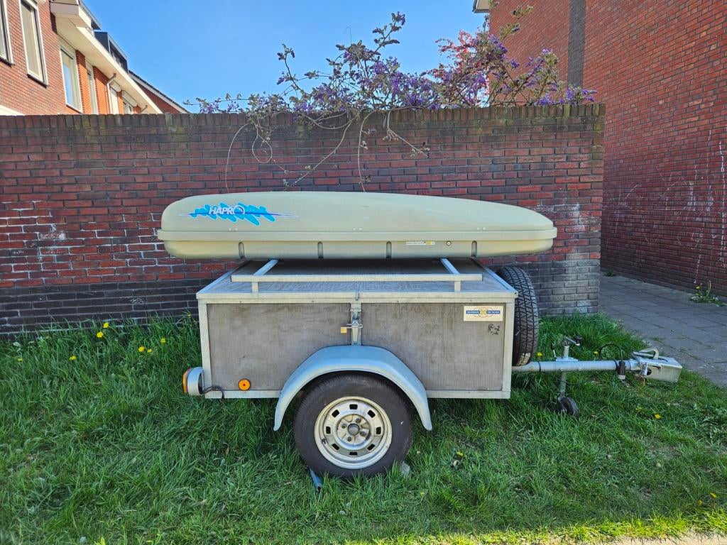 Aanhanger 150x100 + Hapro dakkoffer 600L – afsluitbaar + dis, Ophalen, Gebruikt