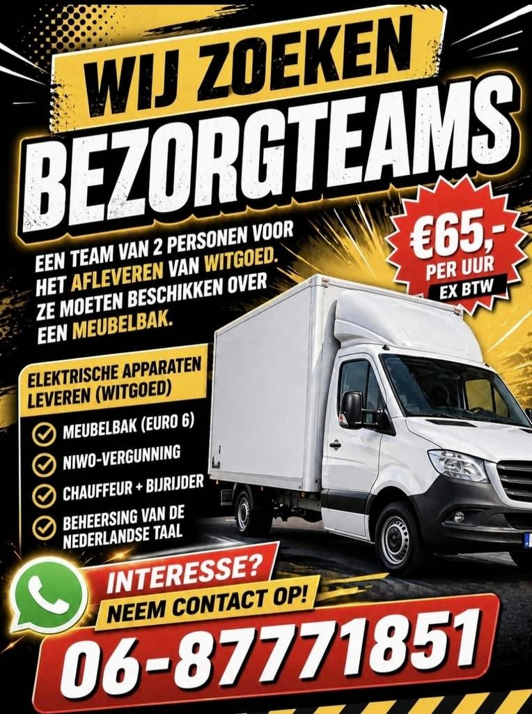 € 65,- per uur ex btw ( 2mans ) met eigen bakwagen, Vacatures, Vacatures | Chauffeurs, Overige vormen, Overige niveaus, 33 - 40 uur