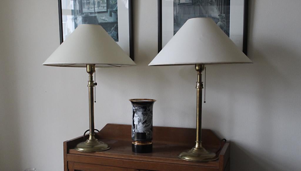 Stel zware vintage messing schemerlampen tafellampen, Gebruikt, Klassiek, Ophalen of Verzenden, Stof
