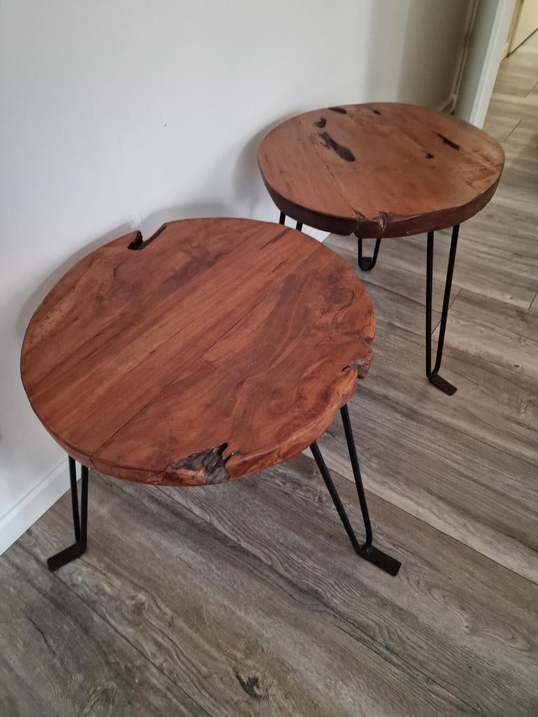 Set Industriële Salontafels / Bijzettafels - Hout & Metaal, 45 tot 60 cm, Gebruikt, Rond, Industrieel, Rustiek