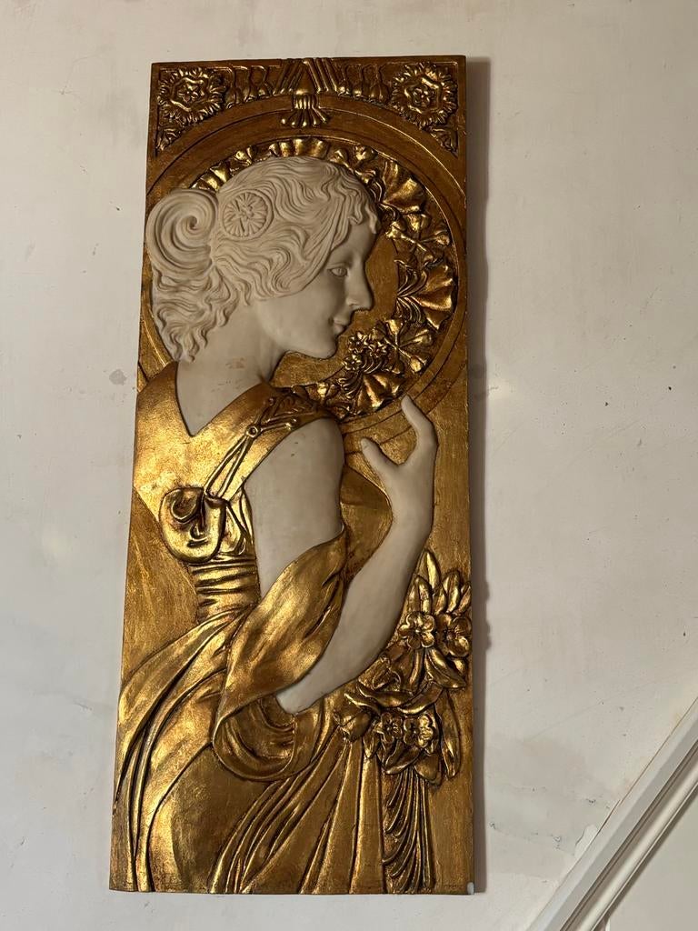 Art Nouveau Wanddecoratie Vrouw in Goud en Wit, Antiek en Kunst, Kunst | Beelden en Houtsnijwerken, Wanddecoratie, Composieten