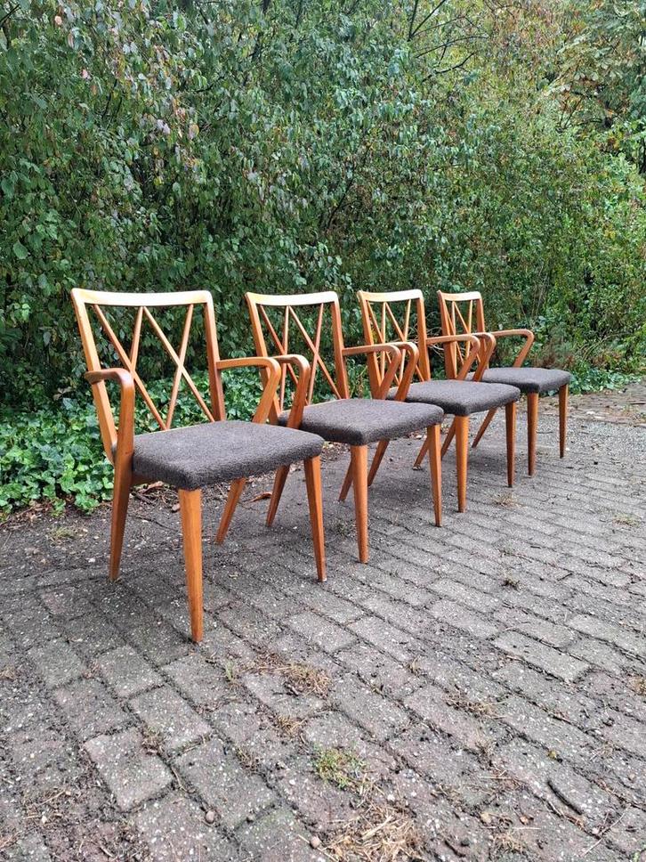 4 Vintage Design Midcentury Patijn Zijlstra Stoelen, Huis en Inrichting, Stoelen, Gebruikt, Bruin, Ophalen of Verzenden