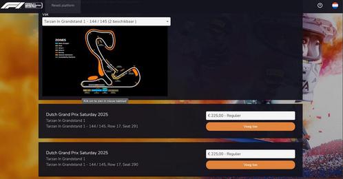 Tarzan grandstand F1 tickets zaterdag 30 augustus via resell, Tickets en Kaartjes, Sport | Overige, Drie personen of meer, Augustus