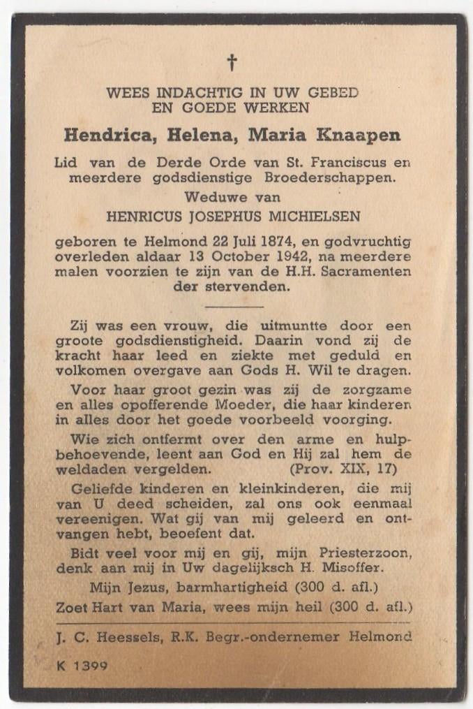 Hendrica H.M. Knaapen 1874 Helmond + 1942 Helmond, 68 jaar, Verzenden