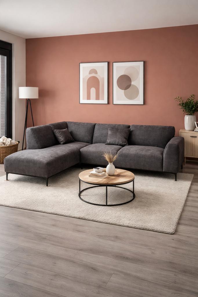 Moderne Meubella Moana hoekbank - Grijs velvet, Huis en Inrichting, Banken | Bankstellen, Gebruikt, Hoekbank, Vierpersoons of meer