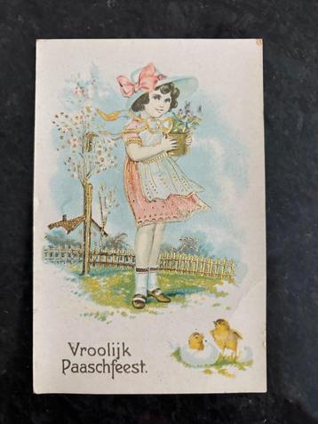 Antieke wenskaart vrolijk paasfeest met meisje.  beschikbaar voor biedingen