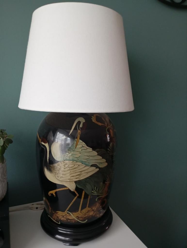 Oosterse tafellamp met kraanvogels, Ophalen of Verzenden, Zo goed als nieuw, Stof, Minder dan 100 cm