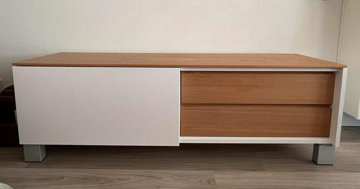 Tv meubel wit met hout, een schuifdeur en 2 lades, Huis en Inrichting, Kasten | Televisiemeubels, Zo goed als nieuw, Minder dan 100 cm