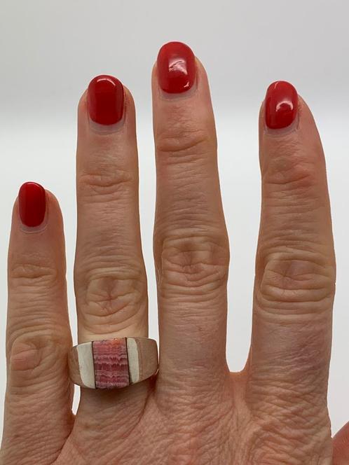 S610 Prachtige zilveren ring rodochrosiet (verstelbaar), Sieraden, Tassen en Uiterlijk, Antieke sieraden, Ring, Zilver, Met edelsteen