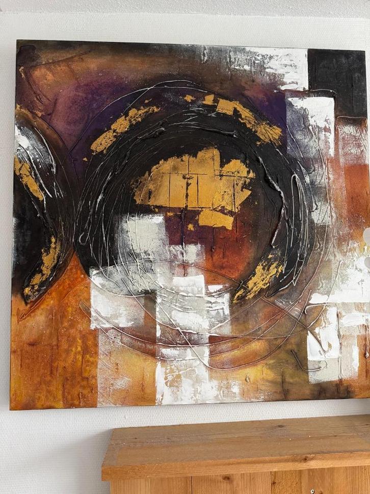 Modern abstract schilderij 100x100x5 met goudaccenten relief, Huis en Inrichting, Woonaccessoires | Schilderijen, Tekeningen en Foto's