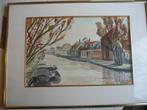 Dorpsgezicht aan het water / Aquarel in fraaie deco lijst, Antiek en Kunst, Ophalen of Verzenden