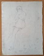 A493-37 Oude tekening Vrouw in lingerie op rug gezien, Antiek en Kunst, Ophalen of Verzenden
