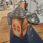 Antieke hanglamp hallamp met gekleurd glas, Antiek en Kunst, Ophalen of Verzenden