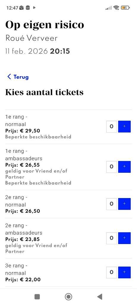 2 kaarten Roue Verveer "Op eigen Risico" Tilburg Schouwburg, Tickets en Kaartjes, Overige Tickets en Kaartjes, Twee personen