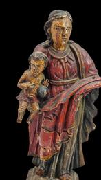 Antiek 17e eeuws Houten polychrome heilige Madona met kind, Verzenden
