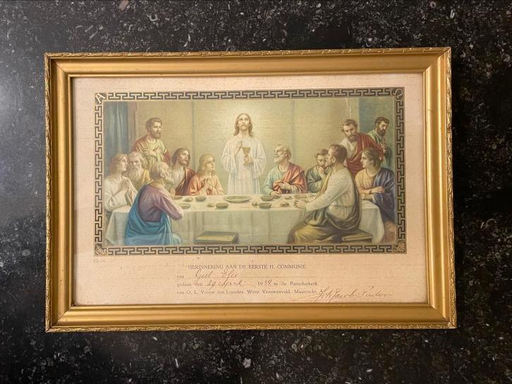 Communieprent 1939 met goudkleurige lijst, Antiek en Kunst, Antiek | Religie, Ophalen of Verzenden