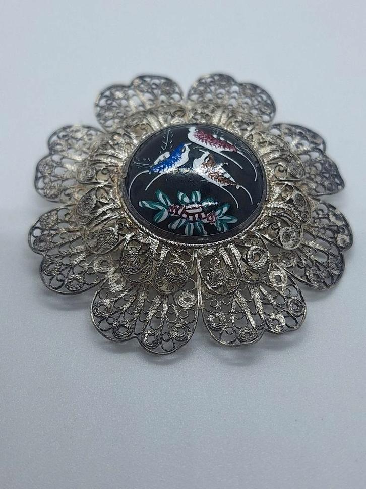 Zilveren Broche met Chinese Vogels, Sieraden, Tassen en Uiterlijk, Broches, Zilver, Zilver, Ophalen of Verzenden