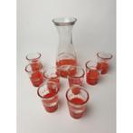 # Vintage squeeze me orange juice karaf en 8 glazen, Huis en Inrichting, Ophalen of Verzenden, Gebruikt, Glas, Overige stijlen