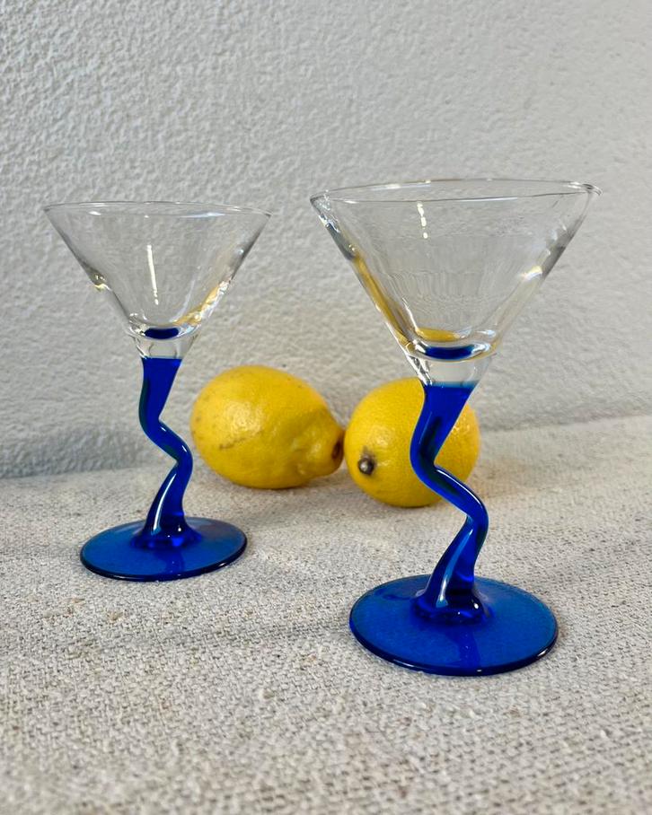 Vintage cocktailglazen Mephis stijl zigzag blauw glaswerk, Verzamelen, Glas en Borrelglaasjes, Zo goed als nieuw, Overige typen