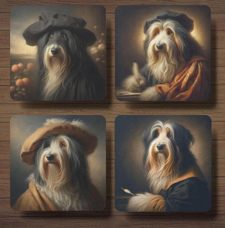 Bearded Collie Rembrandt stijl onderzetters met houder, Huis en Inrichting, Woonaccessoires | Onderzetters, Nieuw, Glas of Kopje