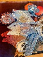 Textiel textielkunst batik vissen signatuur 'Yon' 47 X 46cm, Ophalen