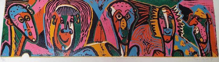 Twan de Vos kleurrijke linosnede op dik papier (1996), Antiek en Kunst, Kunst | Etsen en Gravures, Ophalen of Verzenden