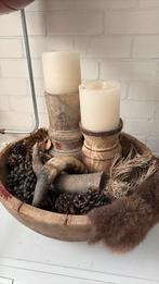 Landelijke schaal met kandelaren, Ophalen of Verzenden, Zo goed als nieuw, Rond, Hout