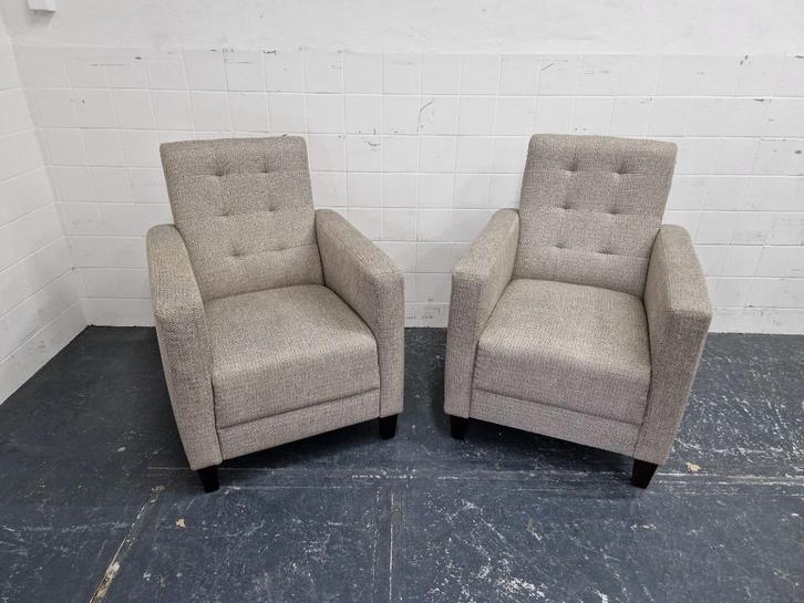 Set van 2 fauteuils in licht grijze weefstof, Huis en Inrichting, Fauteuils, Gebruikt, Hout, Stof, 50 tot 75 cm, 75 tot 100 cm