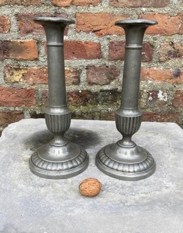 set antiek tinnen kandelaars, tin, mooie !! beschikbaar voor biedingen