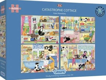 Gibsons - Catastrophe Cottage - 4 x500 stukjes, Hobby en Vrije tijd, Denksport en Puzzels, Nieuw, Legpuzzel, 500 t/m 1500 stukjes