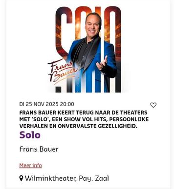 Frans Bauer 2X Prachtige zitplaatsen Wilminktheater Enschede beschikbaar voor biedingen